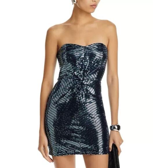 Ramy Brook Women's Daya Sequined Strapless Minidress Navy Disco Knit sz 14 - Picture 1 of 7